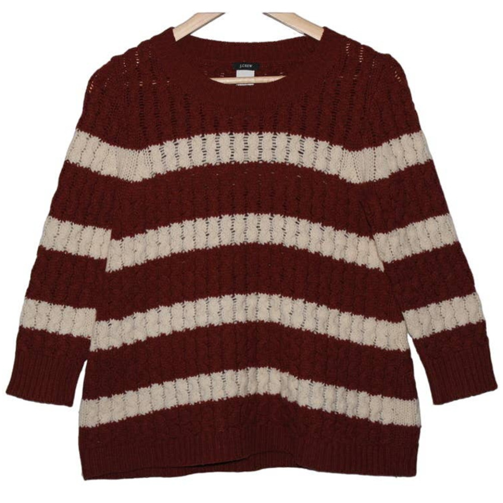 Women's J. Crew Brown Cream Merino Wool Knit Crewneck 3/4 Sleeve Sweater Size XS